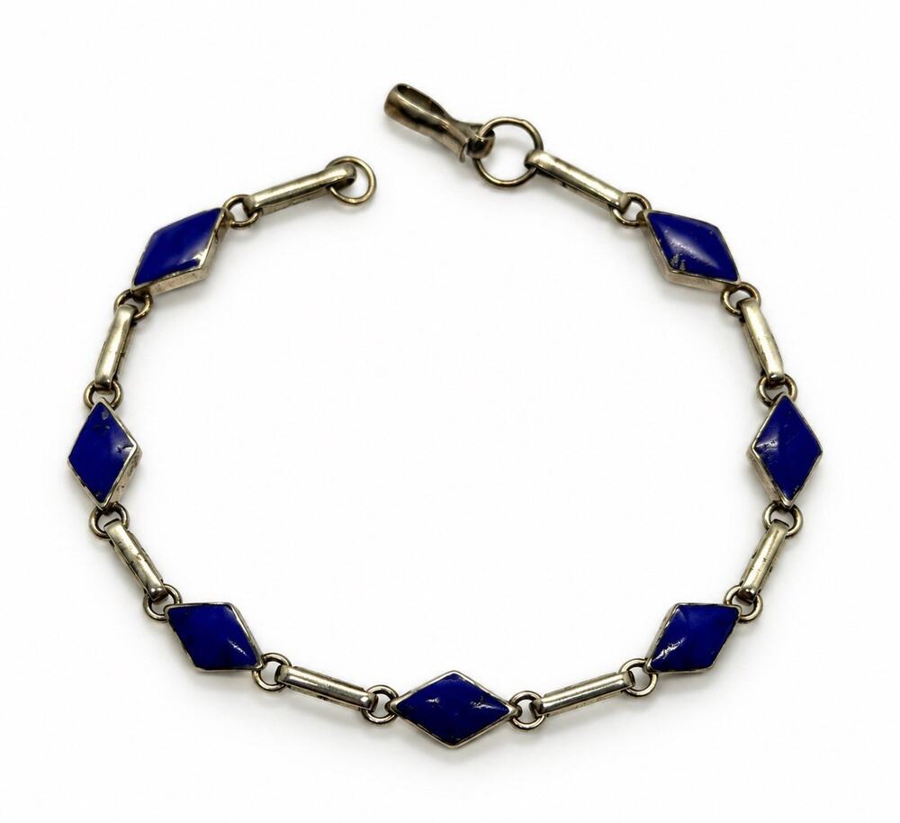 Vintage 925 Sterling Silver Sodalite Link Geometric Bracelet 6.5